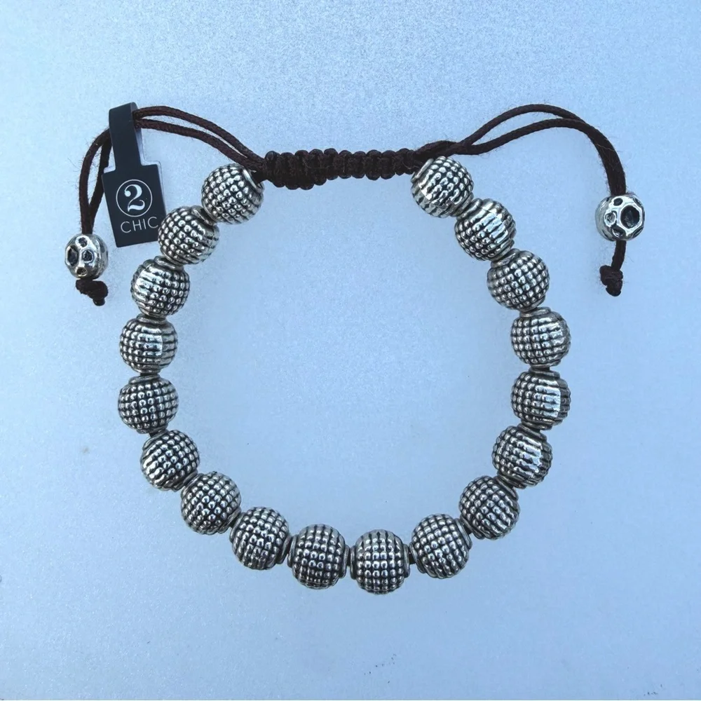 2 Chic Silver Tone Textured Bead Adjustable Bracelet